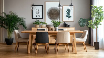 Fototapeta premium Elegant dining room with a wooden table, modern chairs, and decorative elements, with space for copy