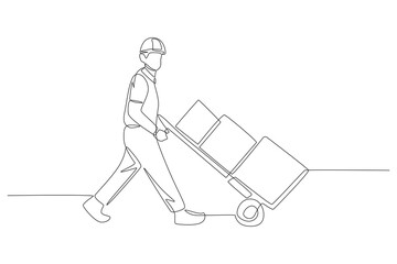 Warehouse workers carry goods by hand truck. Warehousing concept one-line drawing
