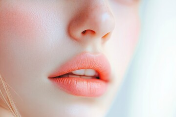 Fototapeta premium Close-up photo of a beautiful young woman's face with fresh and smooth skin and pink lips with a light background _ smooth skin with skin and body care , ai