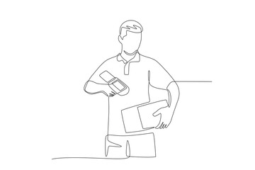 Warehouse workers are scanning goods. Warehousing concept one-line drawing