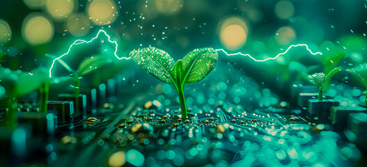 Tree growing on computer circuit board. Blue light background. Green Computing, Green Technology, Green IT, CSR IT. Eco Technology Banner