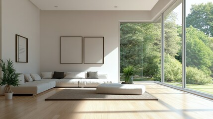 Fototapeta premium Minimalist living room with decorative accents and a large window, leaving space for text or brandin