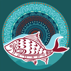 fish, Sea and sun round nature pattern design element vector illustration