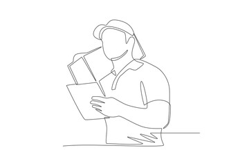 Warehouse workers bring goods according to the document list. Warehousing concept one-line drawing