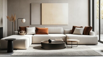 Stylish living room with a modern sofa, coffee table, and space for copy or text aroun
