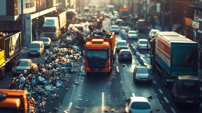 A city integrated with a smart waste management system, where automated vehicles collect trash using data to plan the most efficient routes, reducing energy use and emissions. - Powered by Adobe