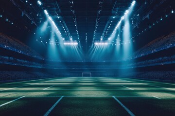 Modern empty football stadium illuminated by spotlights with stages full of spectators ready to watching final game. Concept of professional sport, competition, championship, match, energy, ai