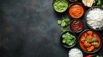 Traditional Indian food including butter chicken, rice, and chutneys, shot from above with space for copy or text