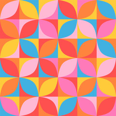 Colorful retro circles midcentury style Vector Pattern. Op-art circle segments checkerboard in pop-art colors: blue, red, pink, yellow.
