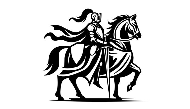 recommend clip art: Black silhouette of a knight riding a horse, isolated on a white background. The detailed armor and sword add a sense of medieval heroism