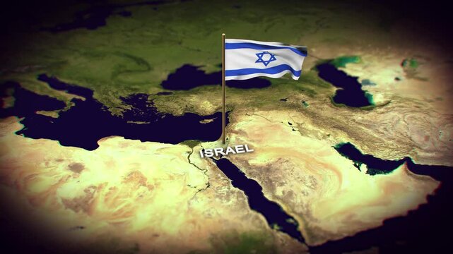 The Flag of Israel on the World Map, Israel map with flag 3d animation