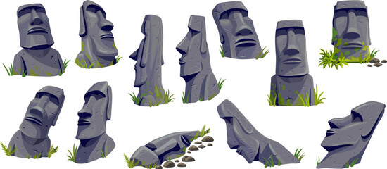 Moai on Easter island  or Rapa Nui. Isolated vector cartoon stone sculptures. Sculptures heads from volcanic rock. Set ancient statue civilizations of atlantis and lemuria.