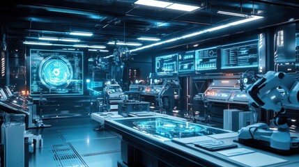 A futuristic research lab where scientists develop cutting-edge AI technology, with holographic screens displaying complex data and robots assisting in real-time analysis.