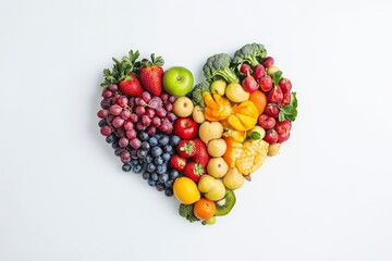 Fruits and vegetables concept, Fruits and vegetables in heart shape on white background, ai