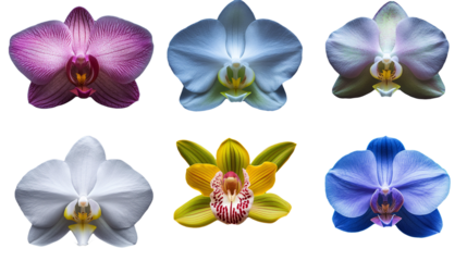 Composite of Six Vibrant Orchid Varieties on Transparent Background
