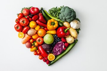 Fruits and vegetables concept, Fruits and vegetables in heart shape on white background, ai