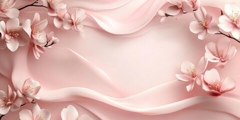 A soft pink background adorned with delicate cherry blossoms and flowing fabric.