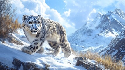 Fototapeta premium A majestic snow leopard prowls through a snowy mountain landscape, its thick fur blending with the environment, symbolizing the struggle of this endangered predator in a rapidly changing habitat.