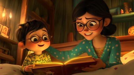 3D animation cartoon of mom telling bedtime stories to the kid in nighttime, wearing pajamas