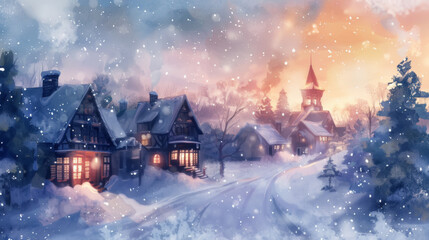 Fototapeta premium Charming Snow-Covered Village at Sunset