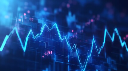 Fototapeta premium Blue stock market background with upward arrows and financial graph on dark blue background, representing business growth
