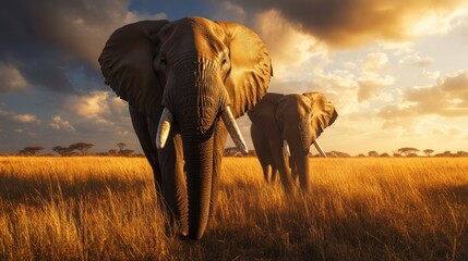 Obraz premium A pair of African elephants walks through a savannah at dusk, their large tusks a reminder of the poaching threat they face, as conservationists work to safeguard these giants.