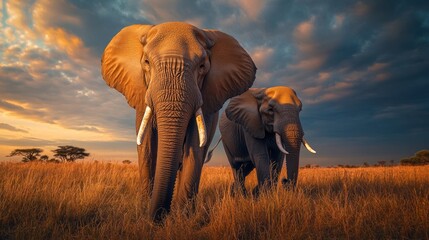 Fototapeta premium A pair of African elephants walks through a savannah at dusk, their large tusks a reminder of the poaching threat they face, as conservationists work to safeguard these giants.