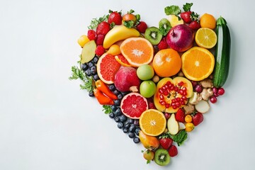 Fruits and vegetables concept, Fruits and vegetables in heart shape on white background, ai