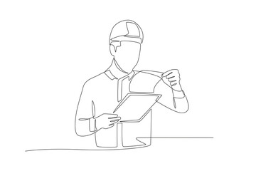 Warehouse worker looking at list of items in document. Warehousing concept one-line drawing