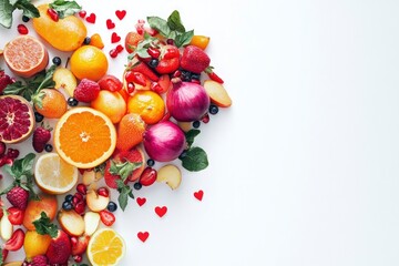 Fruits and vegetables concept, Fruits and vegetables in heart shape on white background, ai