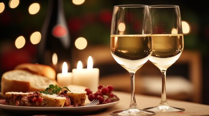 A romantic dinner setting with two glasses of wine, candlelight, and gourmet food, capturing the intimate and elegant atmosphere of enjoying wine over a meal.