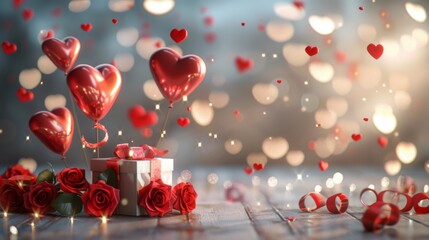 Obraz premium Heart Balloons with Roses and Gifts in Romantic Setting