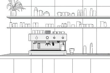 A modern coffee station with an espresso machine and neatly arranged cups in a minimalist kitchen setting