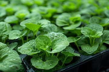 Fresh Green Seedlings with Dew Drops in Seed Trays for Gardening and Agricultural Growth Concept