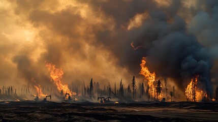 A dramatic scene of forest fires ignited near oil extraction sites, with thick smoke billowing into the sky and machines continuing to drill.