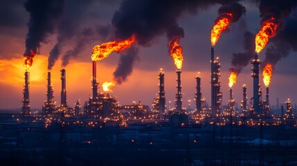 Obraz premium An oil refinery surrounded by pipelines and storage tanks, with flames and dark smoke continuously emitted from flare stacks.