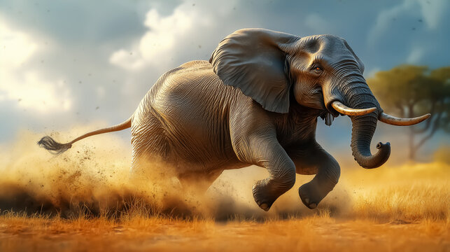 An elephant sprinting across the savanna, embodying wildlife's untamed spirit, ideal for environmental campaigns and animal conservation efforts. Design for Wall Art, Poster, Wallpaper & Background