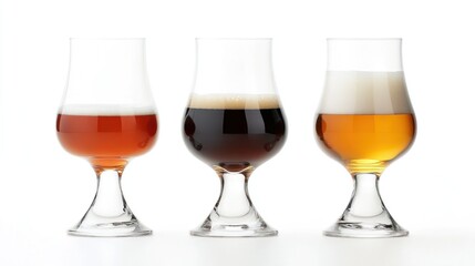 A stylish collection of Belgian beer glasses with a curved design, creating beautiful reflections on a white background, perfect for savoring rich, flavorful beers.