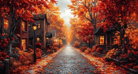 Golden leaves blanket the cobblestone road, creating a warm, inviting atmosphere. Cozy homes with...