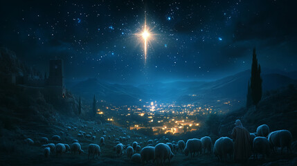 Shepherds Encountering the Angel in a Divine Night Sky
