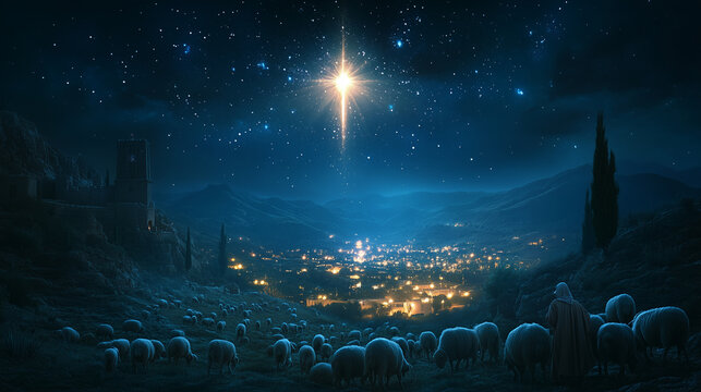 Shepherds Encountering the Angel in a Divine Night Sky
