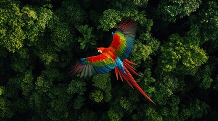 Fototapeta premium A vibrant scarlet macaw soars above the Amazon rainforest, its colors bright against the green canopy, as conservationists work to protect this endangered species from habitat loss.
