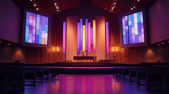 A modern church service with a live band and multimedia presentations, blending tradition with contemporary worship