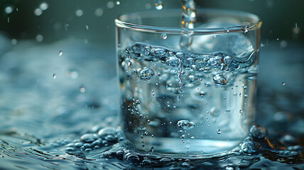 Clean water pours into a glass close-up