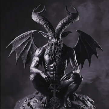 Gruseliger Baphomet: D&uuml;stere Halloween-Ikone. Ziegenkopf, Fl&uuml;gel, Pentagramm. Mystische Figur f&uuml;r okkulte Partys. Schauriges Kost&uuml;mideal