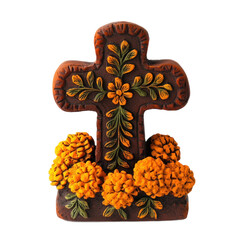 A small, handcrafted decorative item, such as a mini altar or cross with marigold flowers, isolated on a transparency background