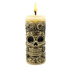 A traditional Day of the Dead altar candle, tall and plain, with a slight flame, isolated on a transparency background