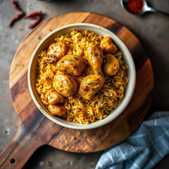 A Hot Delicious bowl Traditional Chicken Biryani with chicken pieces and basmati rice cooked to perfection, served with a refreshing salad of tomatoes, cucumbers, and onions.