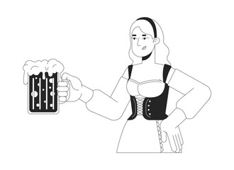 Blonde woman holding frothy beer mug black and white 2D line character. Happy caucasian female in traditional dress at oktoberfest party isolated vector outline person. Monochromatic spot illustration