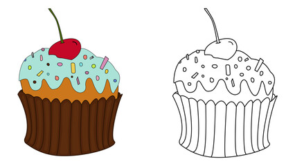 A cupcake with a cherry illustration.  An outline drawing of a cake. A colorful illustration of a cupcake with a cherry on top. 